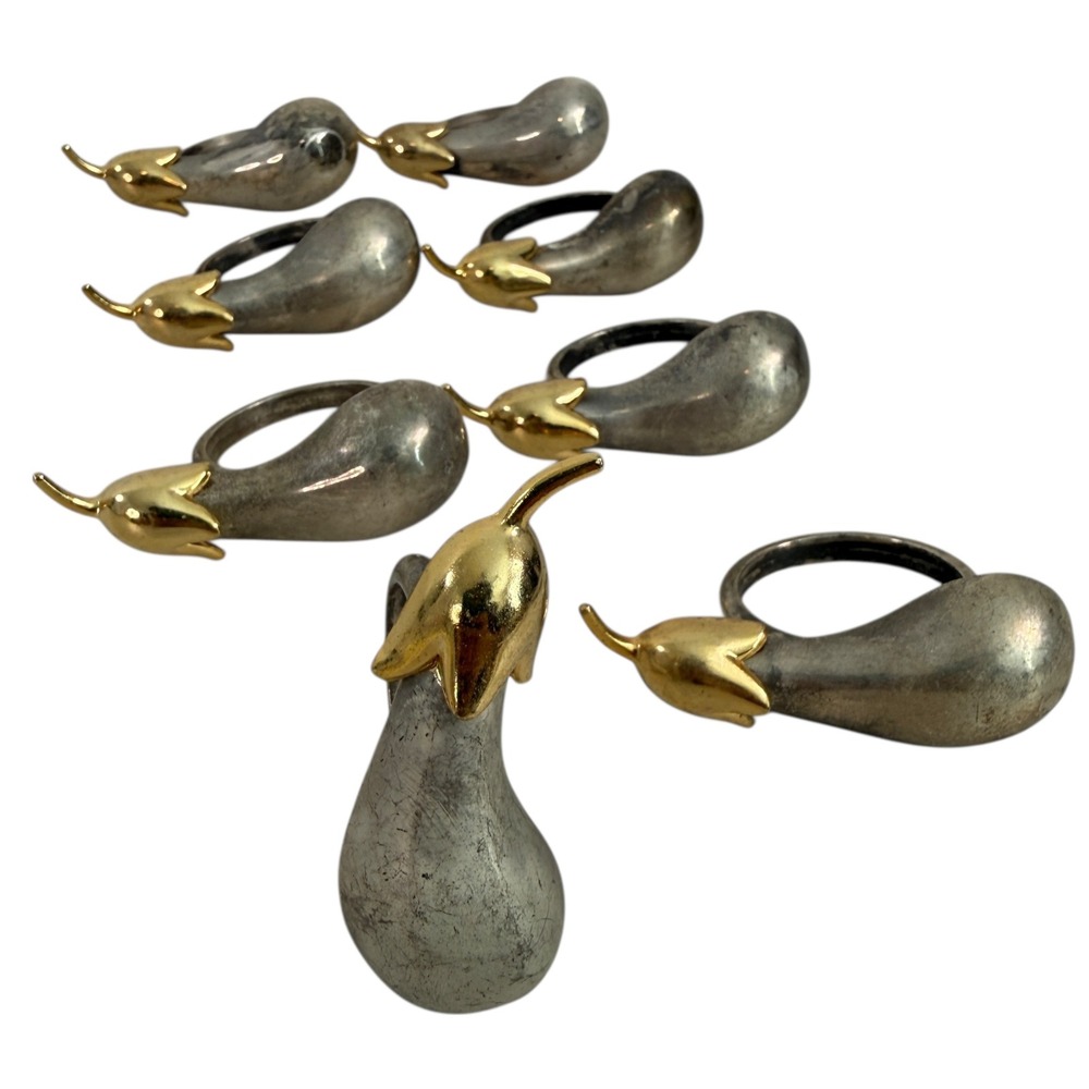 Vintage Set of 8 Silver Gold Tone Eggplant‎ Aubergine Napkin Rings Table Decor